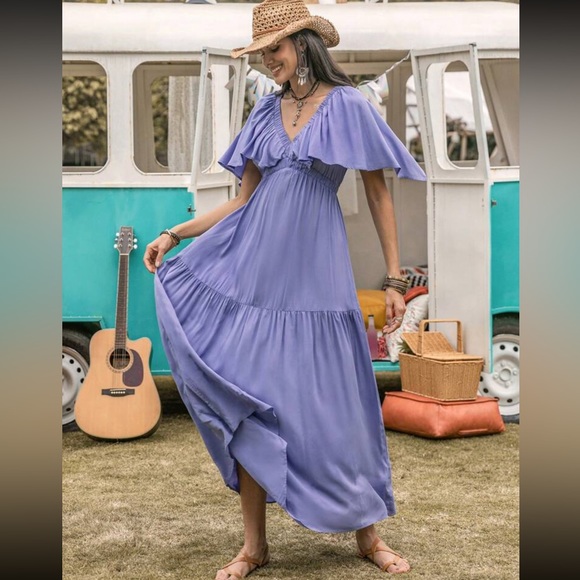 #133 Ruffled Lavender Maxi Dress elastic waist 100% Viscose - Picture 1 of 5